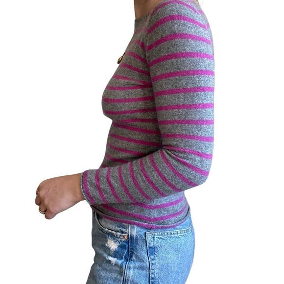 Garnet Hill Womens 100% Cashmere Pink Gray Striped Crewneck Sweater Sz XS - Picture 7 of 8